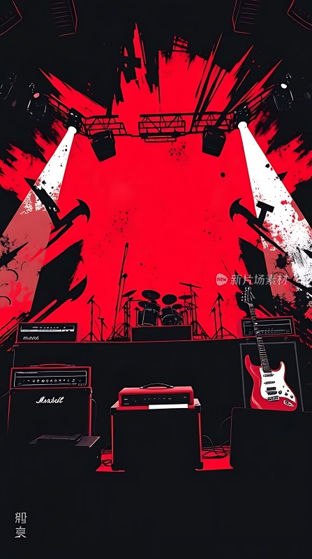 红色舞台灯光下的摇滚乐队演出