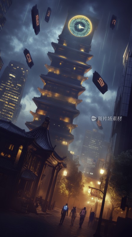 赛博朋克风格的未来塔楼夜景