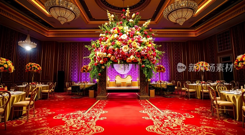 豪华宴会厅红毯铺地金色吊灯华丽花艺装饰浪漫氛围