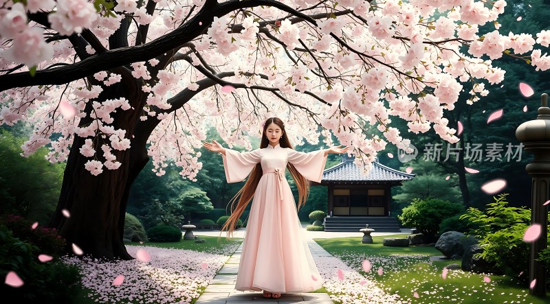 樱花树下粉裙佳人翩翩起舞