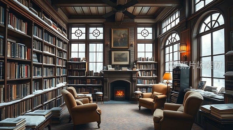 古色古香书房书架、壁炉与沙发营造温馨氛围