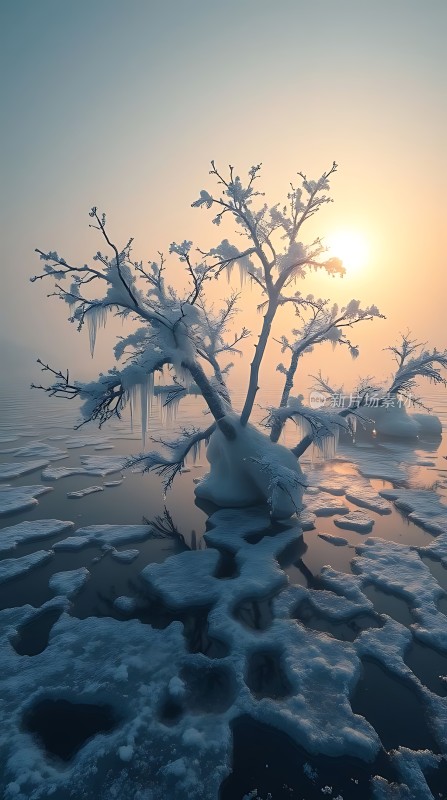 冰封湖畔孤树映日