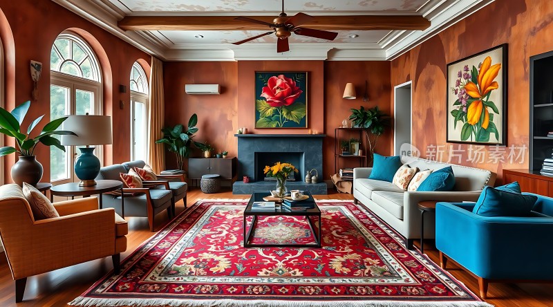 温馨客厅色彩斑斓花卉装饰舒适沙发精美地毯优雅氛围