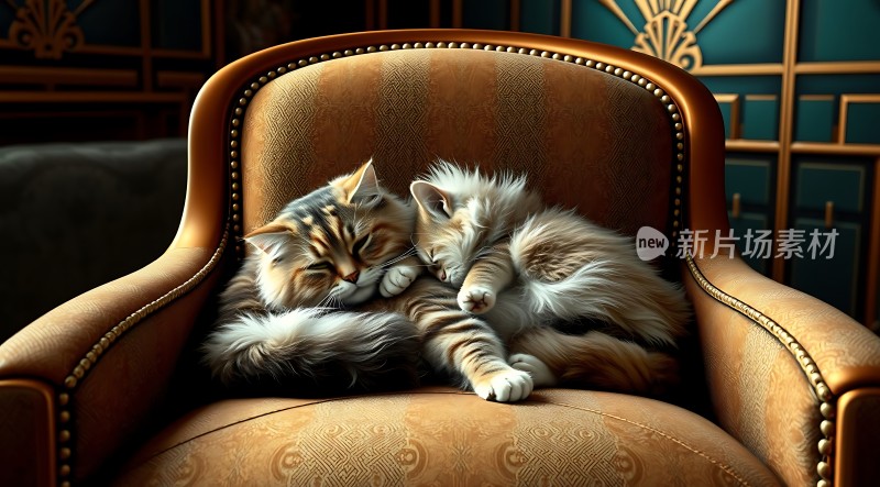 两只猫咪依偎在复古椅上温馨入睡