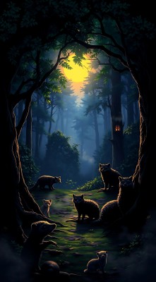 森林夜晚狐狸家族共度月光下的宁静时光
