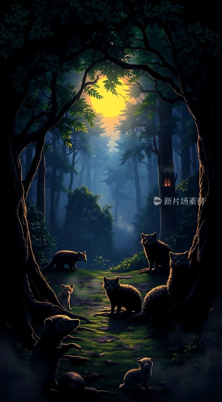 森林夜晚狐狸家族共度月光下的宁静时光