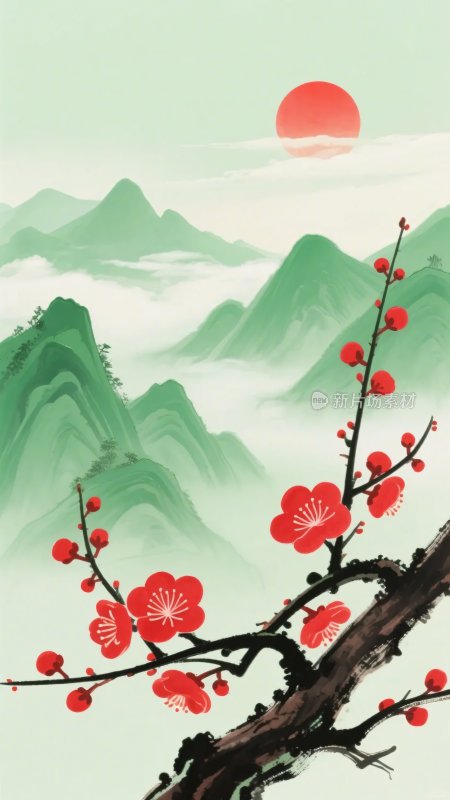红梅映红日山水插画