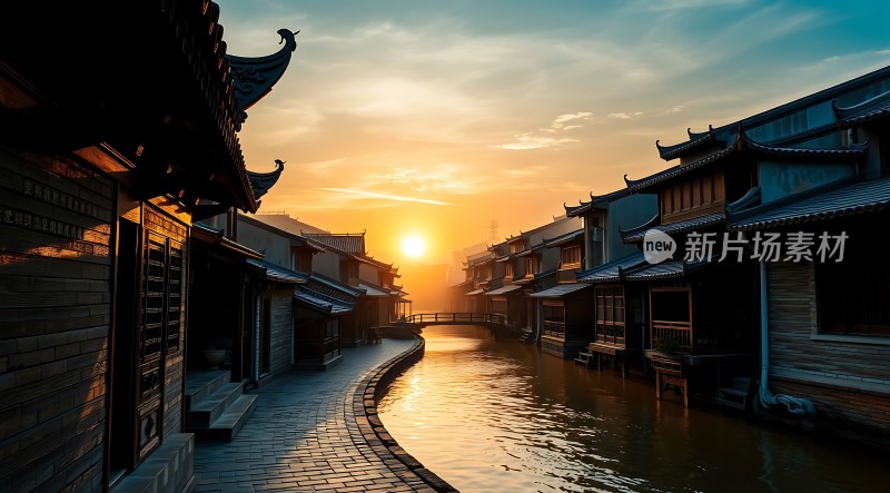 日落下的古风水乡