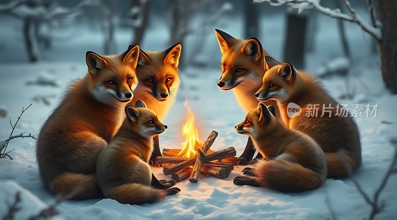 雪地篝火旁的五只狐狸