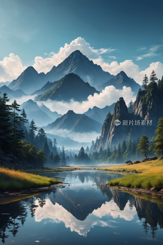 山脉和一个湖泊一座高山清风景插图片