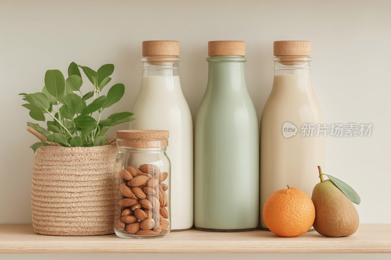 瓶中饮品与果蔬坚果静物图