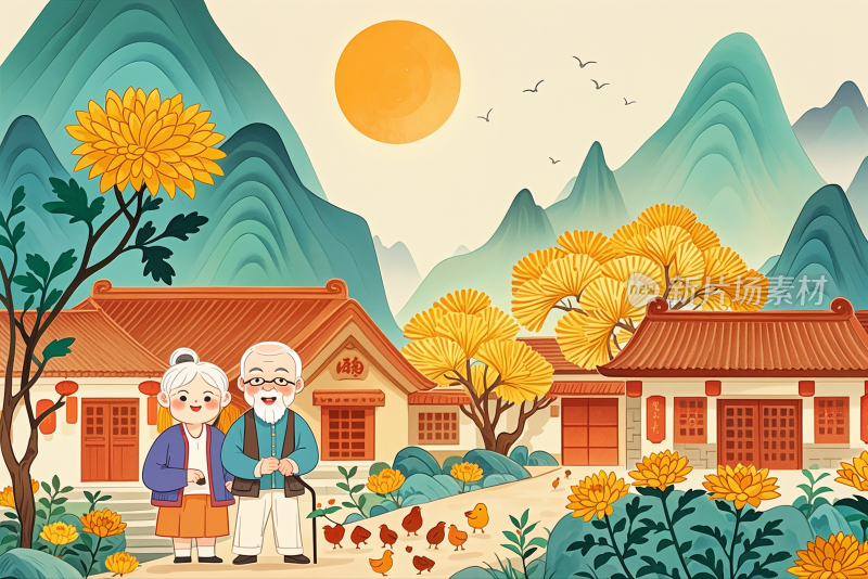 重阳节端午节中秋节幸福的老人创意插画