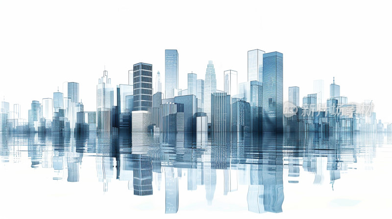 蓝白色调中的虚拟城市倒影景观