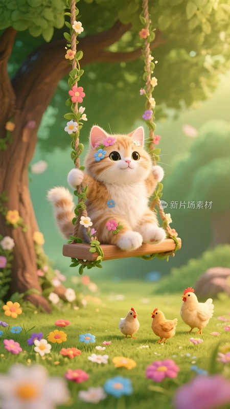 春日小猫荡秋千三只小鸡在花丛中