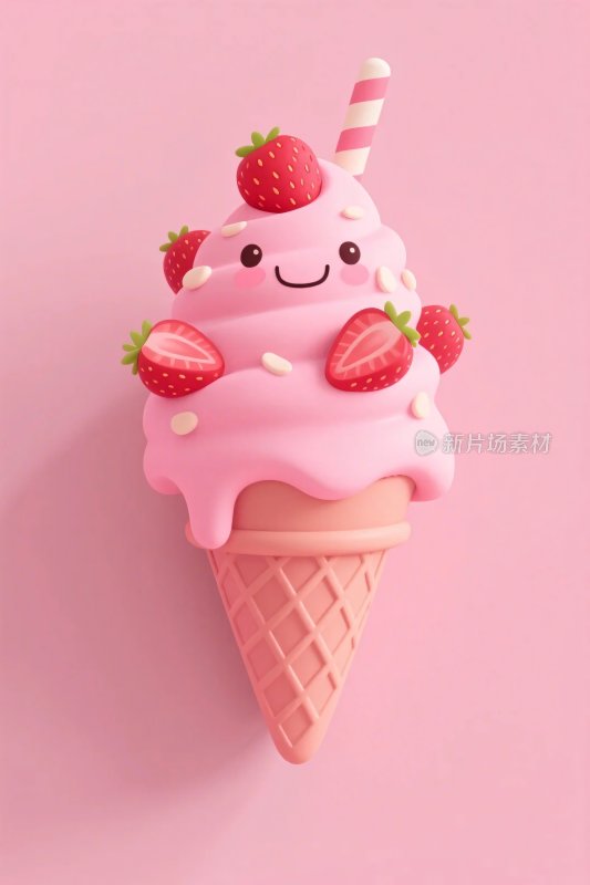 粉色草莓冰淇淋甜筒插画