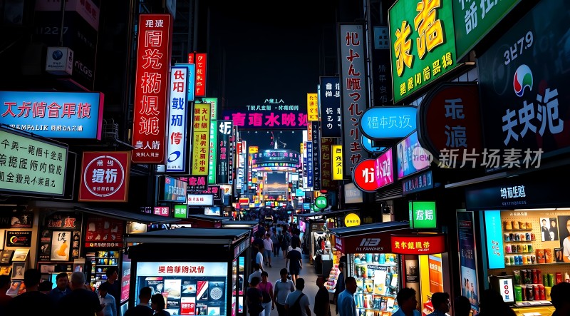 繁华都市夜景霓虹灯招牌林立人流熙攘