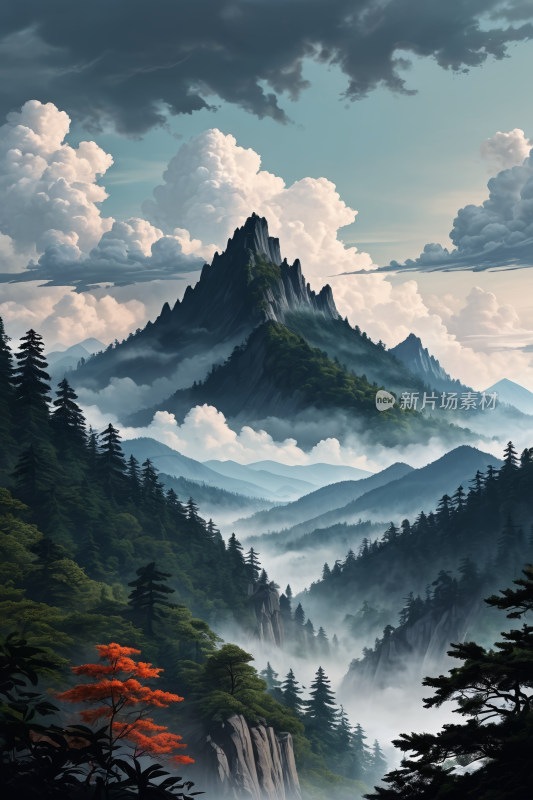 几棵树和一座山山景高清插图片