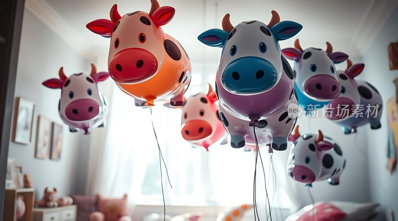彩色奶牛气球在房间中飘浮
