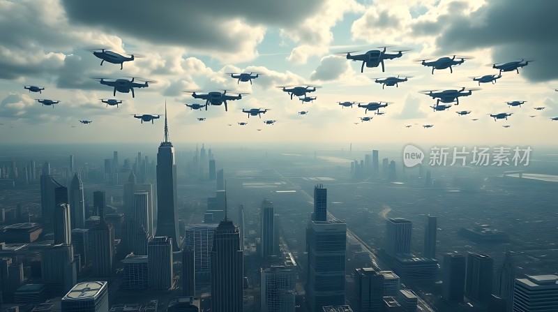 无人机编队飞越未来城市天际线