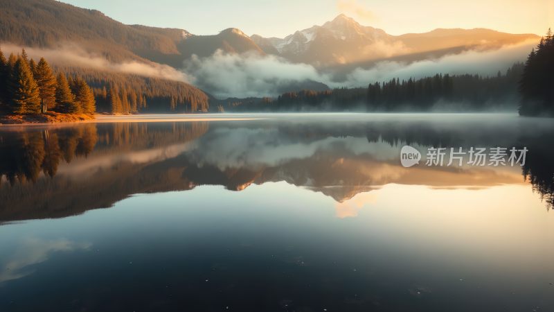 晨曦映照下的静谧湖面