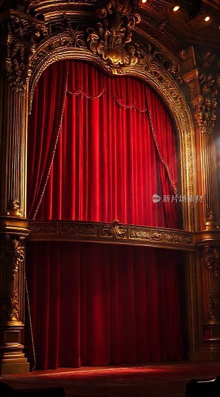 华丽剧院舞台红幕金雕映衬下的戏剧魅力