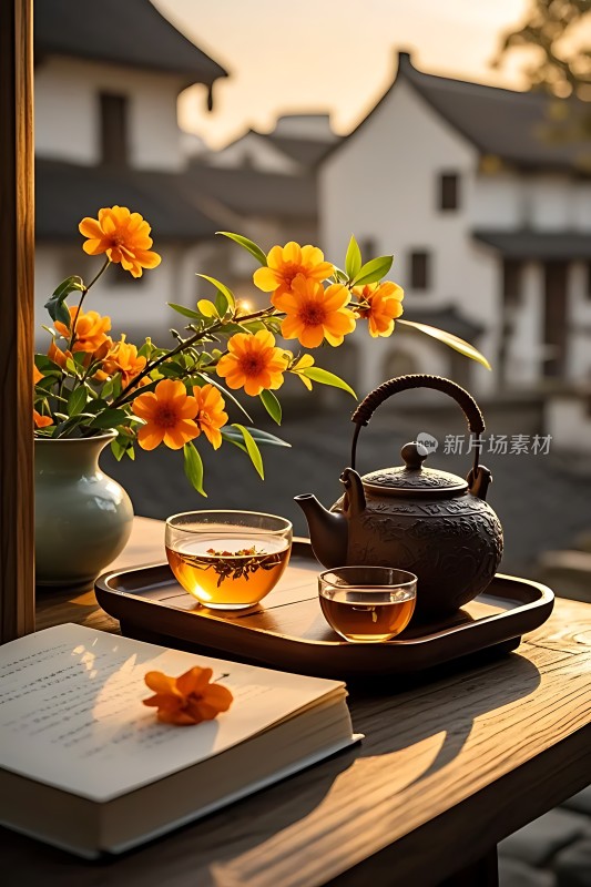 阳光午后茶香四溢书香伴花影