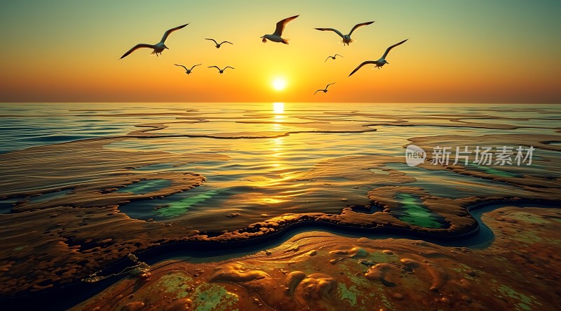 海鸥翱翔日落时分的海洋