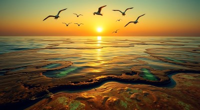 海鸥翱翔日落时分的海洋 海鸥翱翔日落时分的海洋