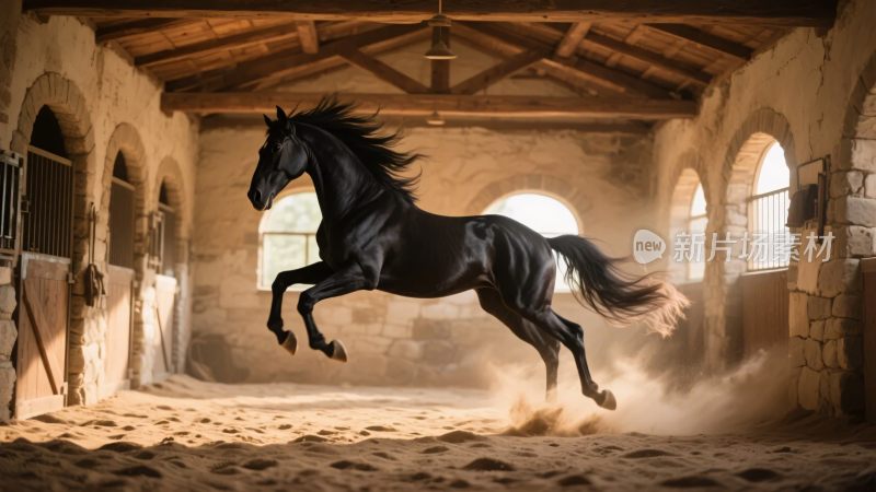 黑骏马在室内奔腾