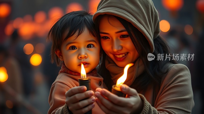 温馨母女共度夜晚手持蜡烛映照出温暖与希望