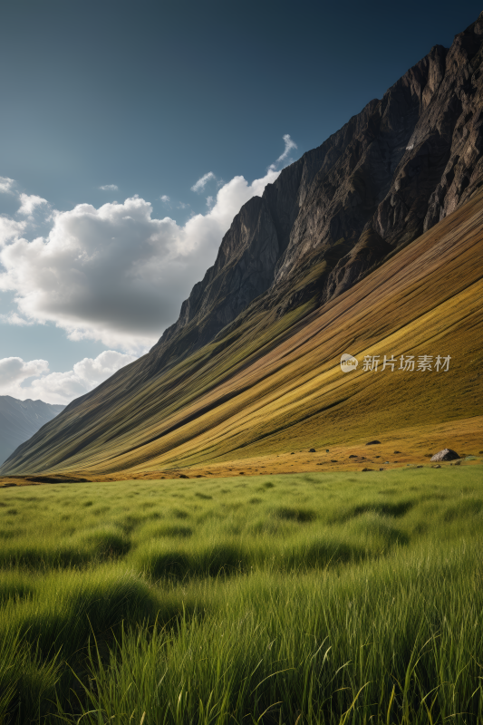 草地山脉蓝天白云高清风景图片