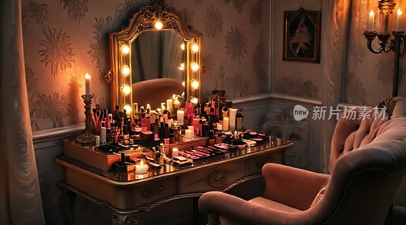 复古梳妆台上的精致化妆品与优雅椅子