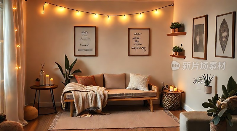 温馨客厅舒适沙发精美装饰画温暖灯光绿色植物点缀