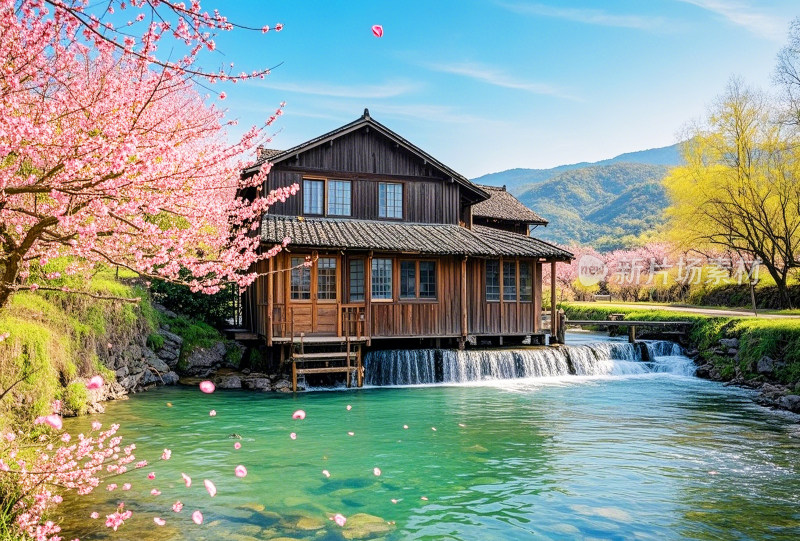 乡村房屋花朵溪流