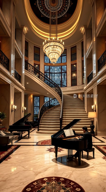 钢琴演奏者与豪华大厅