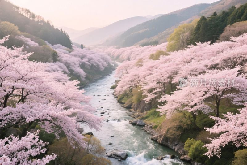樱花溪流山水风光