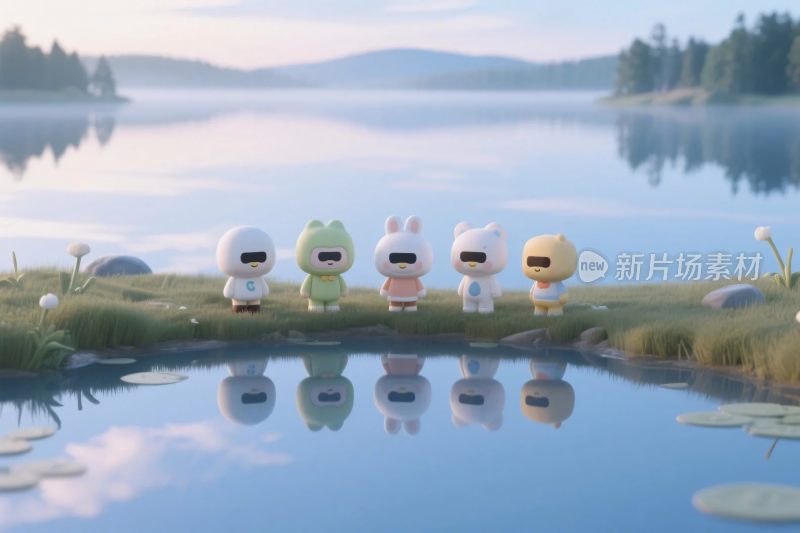 卡通角色湖边风景插画