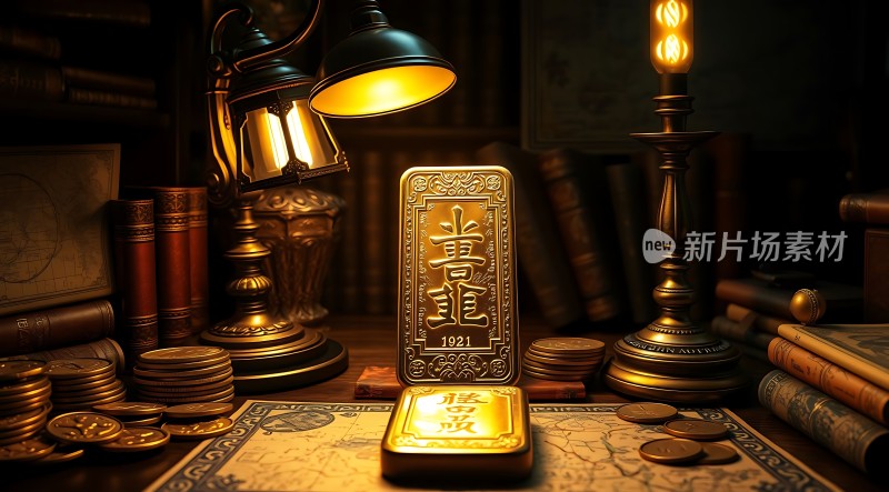 古董金币与书籍地图