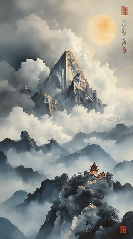 云雾缭绕的山峰与古塔