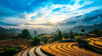 梯田晨曦阳光洒满大地