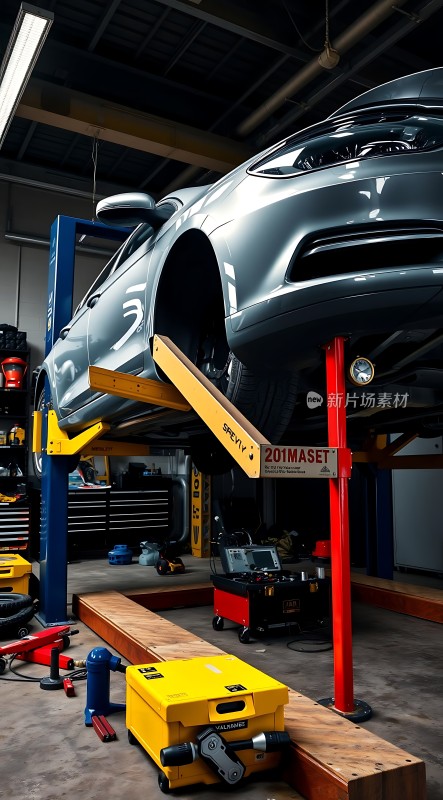 车间内银色汽车被黄色支架托起