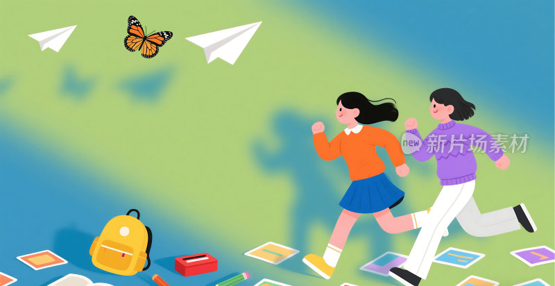 开学季奔跑的学生插画