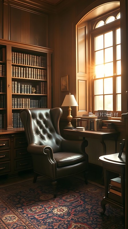 阳光下的书房古董书架与皮椅