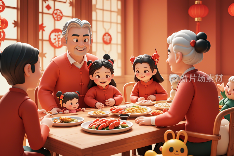 重阳节中秋季端午节新年老人小孩一家人插画
