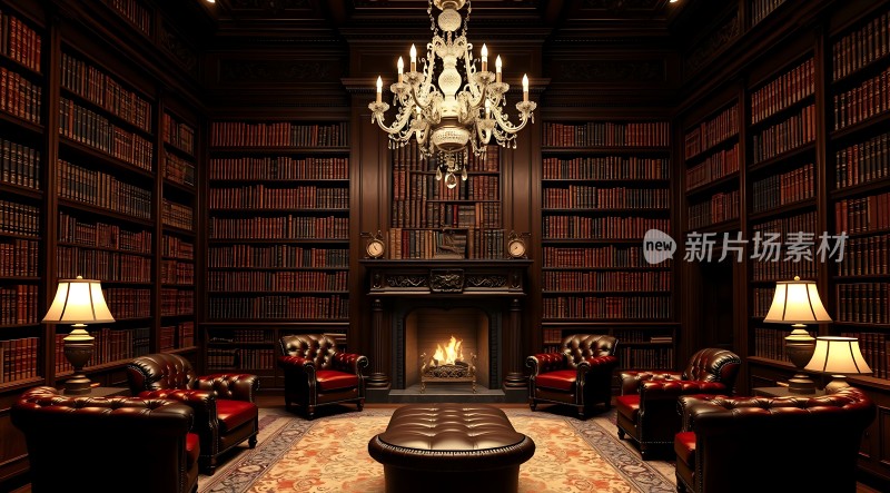 豪华书房书架、壁炉与红棕色沙发椅