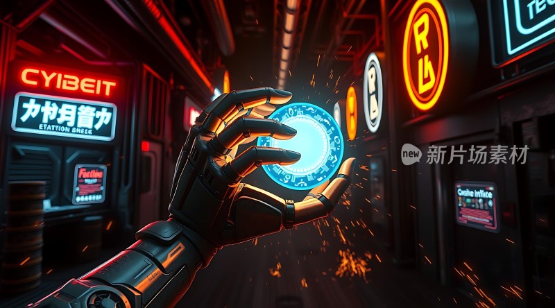 机械臂握住发光圆盘霓虹灯照亮未来科技场景