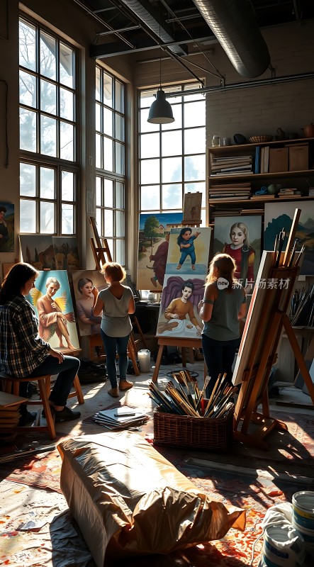 阳光下的艺术工作室三位画家创作