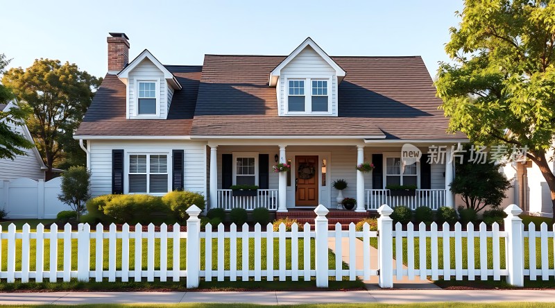 白色小屋绿色草地整洁栅栏温馨家园