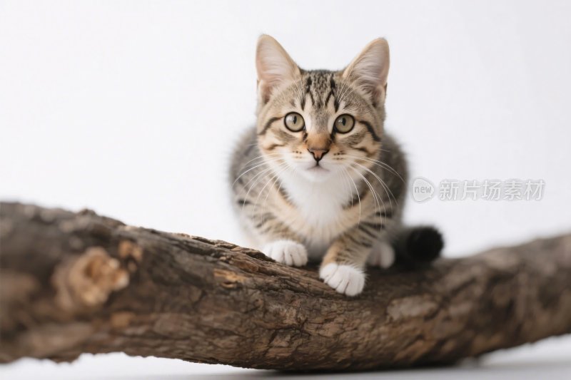 可爱小猫趴在树干上