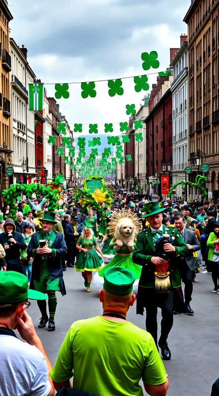 绿色狂欢节街头盛装游行欢庆节日气氛浓厚